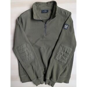 Belstaff England Jaxson 1/4 Zip Pullover Army Green Elbow Patches 100% Cotton